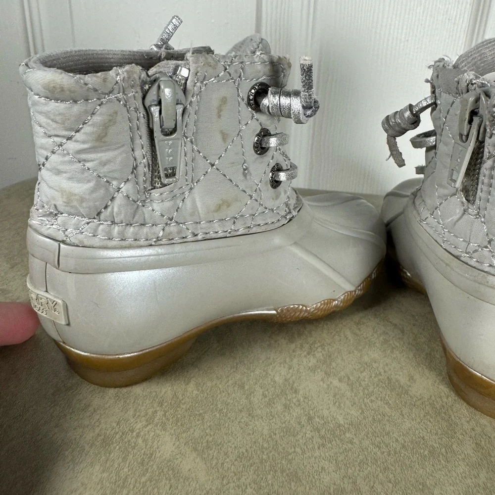Sperry Silver Saltwater Duck Rain Boots Toddler Lace Up Metallic Size 6m